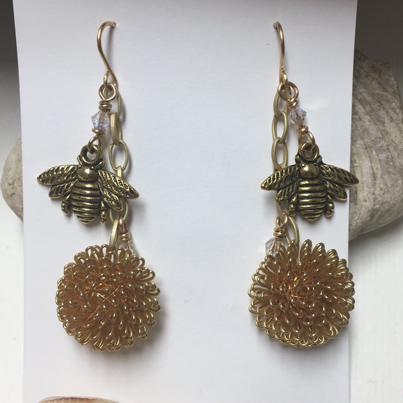 Upcycled bee gold tone earrings long dangle - Picture 2 of 8